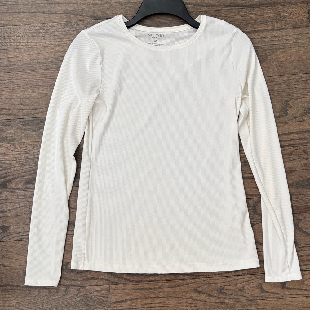 Nine West White Ribbed Long Sleeve Tee